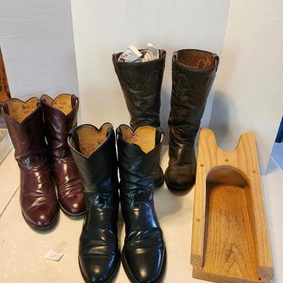 Three pair of Cowboy boot and wooden boot jack