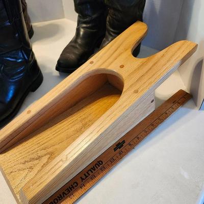 Three pair of Cowboy boot and wooden boot jack