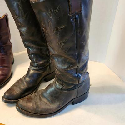 Three pair of Cowboy boot and wooden boot jack