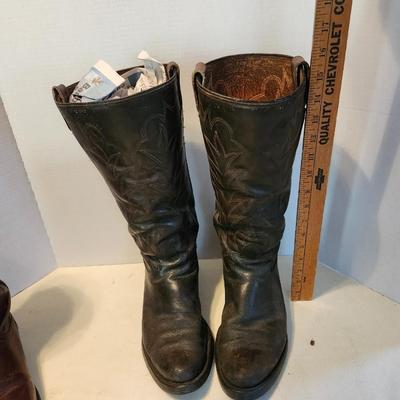 Three pair of Cowboy boot and wooden boot jack