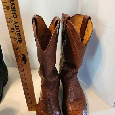 Three Pair of cowboy boots and Boot brush