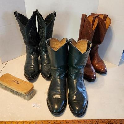 Three Pair of cowboy boots and Boot brush