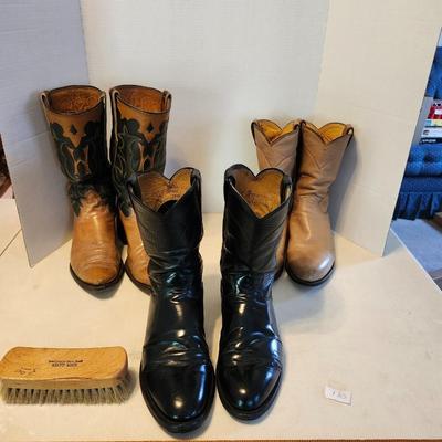 Three Pair of cowboy boots and Boot brush