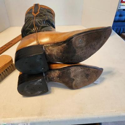 Three Pair of cowboy boots and Boot brush