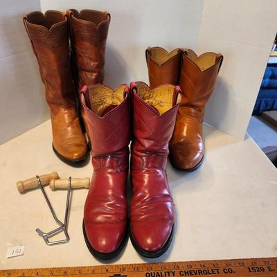 Three Pair of cowboy boots and Boot brush