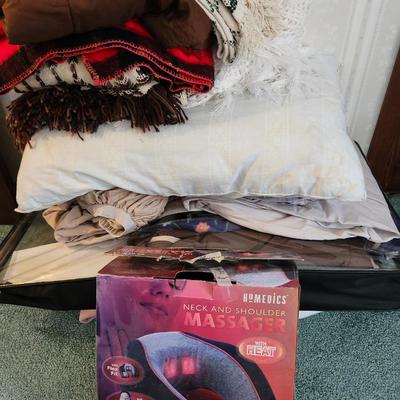 Massager, blankets, pillows ,linens lot