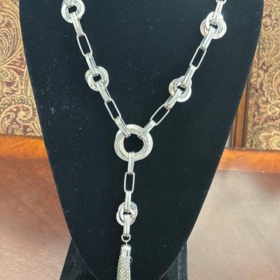 Western style long chain, silver tone, tie, tassel necklace