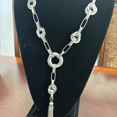 Western style long chain, silver tone, tie, tassel necklace