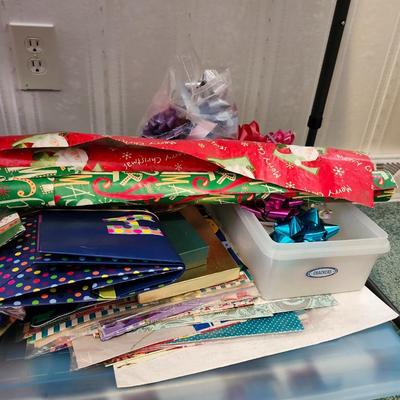 gift wrapping lot and basket and bins