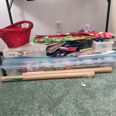 gift wrapping lot and basket and bins