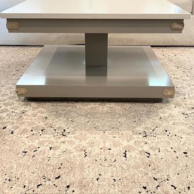 Marble Top Pedestal Style Coffee Table With Metal Corner Brackets