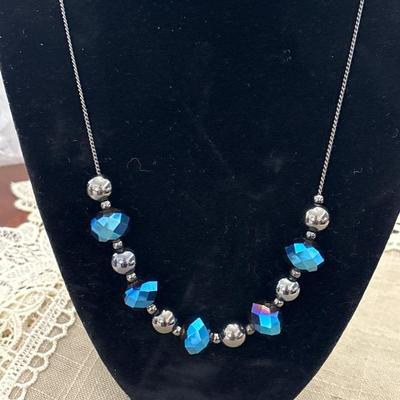 Blue beaded on silver tone necklace