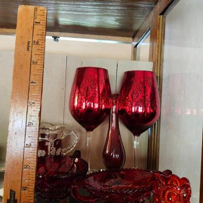 Red glass lot MCM toothpitch holder, Ruby Flash Creamer pitcher
