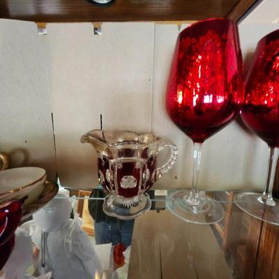 Red glass lot MCM toothpitch holder, Ruby Flash Creamer pitcher