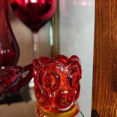 Red glass lot MCM toothpitch holder, Ruby Flash Creamer pitcher