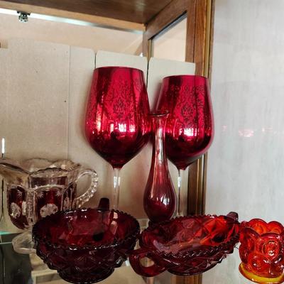 Red glass lot MCM toothpitch holder, Ruby Flash Creamer pitcher
