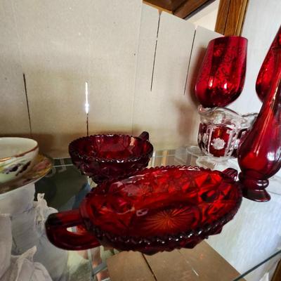 Red glass lot MCM toothpitch holder, Ruby Flash Creamer pitcher