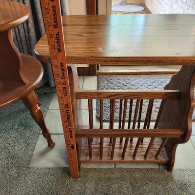 Vintage 2 Tier Round Wooden End Drum Table, Solid Oak Magazine Rack End Table / Side Table and lamp