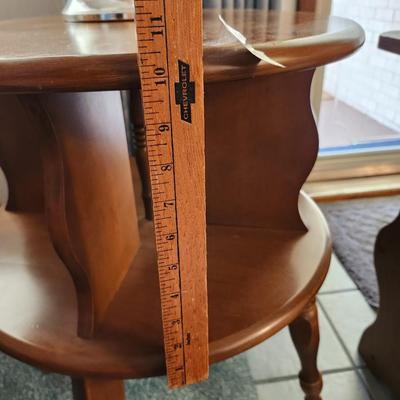Vintage 2 Tier Round Wooden End Drum Table, Solid Oak Magazine Rack End Table / Side Table and lamp