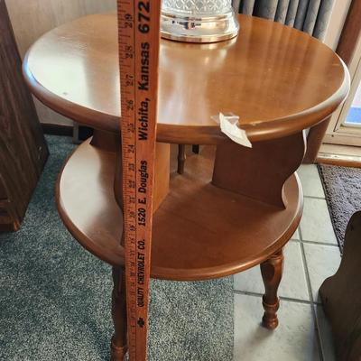 Vintage 2 Tier Round Wooden End Drum Table, Solid Oak Magazine Rack End Table / Side Table and lamp