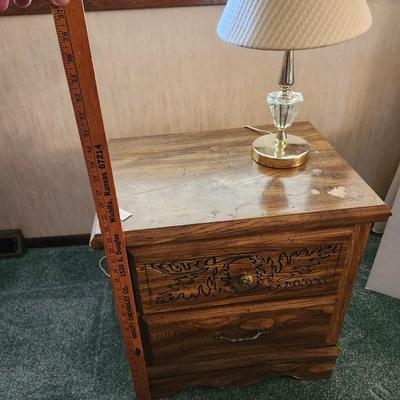 Two end tables, Lamp, wall art picture, Chair on rollers