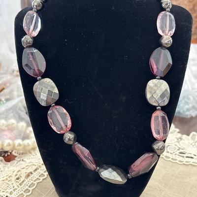Pink and purple and gray or silver long beaded necklace