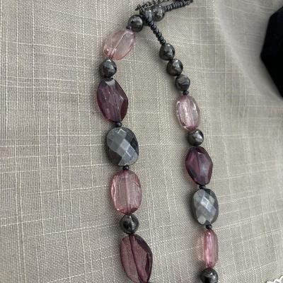 Pink and purple and gray or silver long beaded necklace