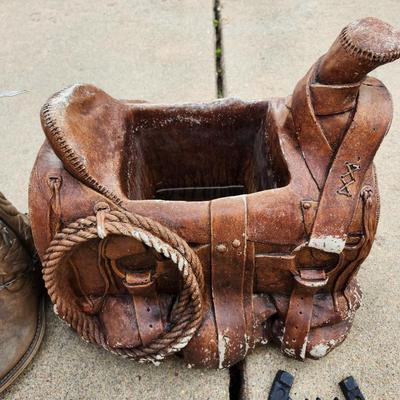 Outdoor decorations Saddle Planter, cowboy boot birdhouse and horseshoe wall hanger