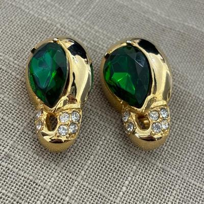 Gold tone green emerald clip on vintage earrings