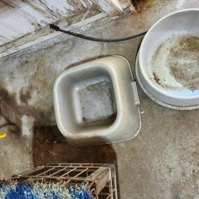 Heated dog water bowl. Wheeled milk stool, water bowl