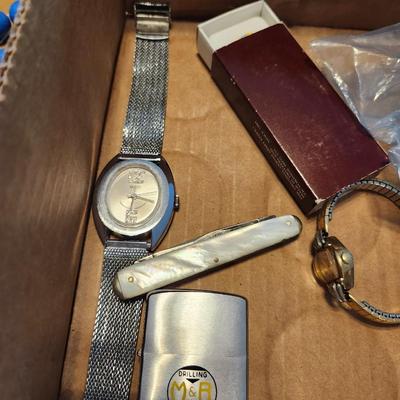 Watch, jewelry, pocket knives, political buttons, etc lot