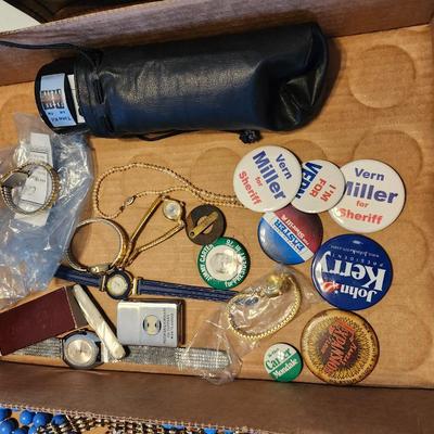 Watch, jewelry, pocket knives, political buttons, etc lot