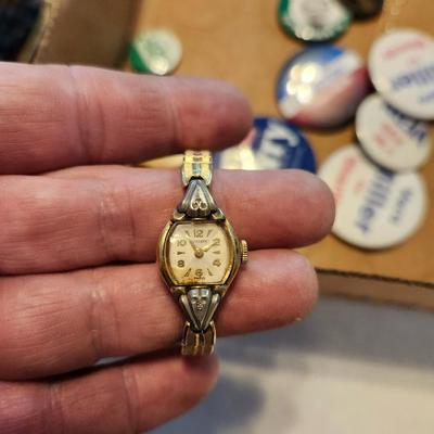 Watch, jewelry, pocket knives, political buttons, etc lot