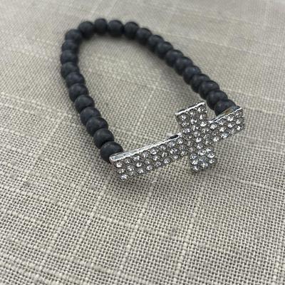 Silver rhinestone cross black beaded stretchy bracelet