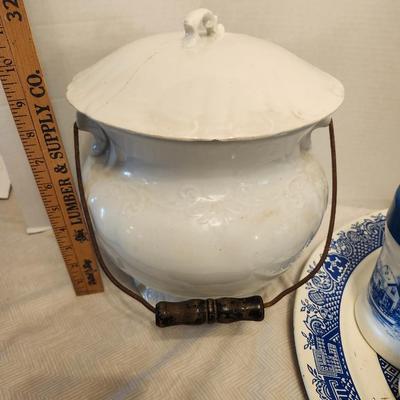 Antique Chamber Pot, perfume atomizers, Humidor Canister, Two Vintage metal trays