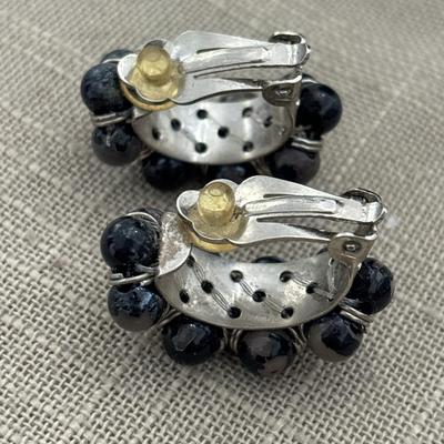Black beaded fashion clip on earrings