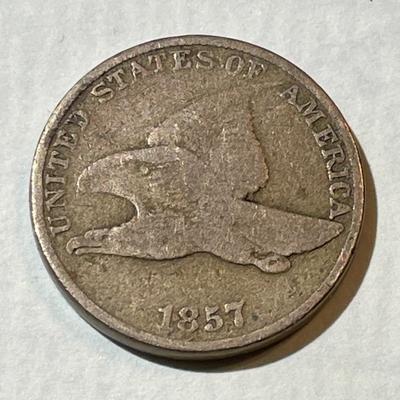 1857 GOOD-VG CONDITION FLYING EAGLE CENT AS PICTURED.