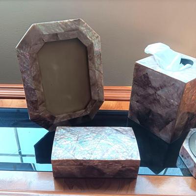 MATCHING SET W/FRAME, TRINKET BOX, KLEENEX HOLDER AND ASHTRAY