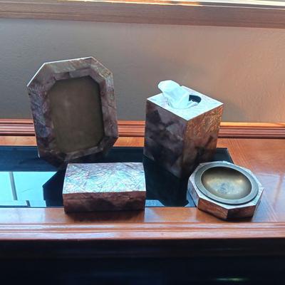 MATCHING SET W/FRAME, TRINKET BOX, KLEENEX HOLDER AND ASHTRAY