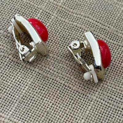 Silver tone red stone clip on earrings