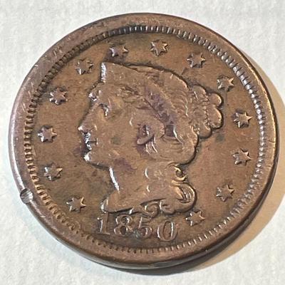 1850 FINE/VF CONDITION BRAIDED HAIR LARGE CENT AS PICTURED.