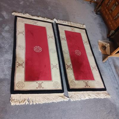 2 MATCHING CHINOISERIE STYLE, THICK WOOL RUGS