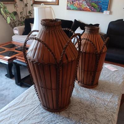 2 BAMBOO AND RATTAN FLOOR VASES