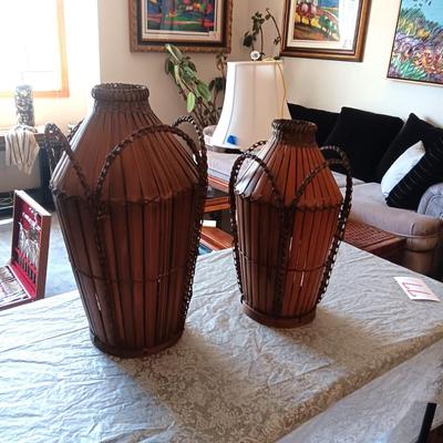 2 BAMBOO AND RATTAN FLOOR VASES