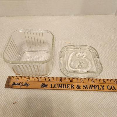 Vintage Federal Clear Glass one Square and two Rectangle Refrigerator Dish with Vegetable Embossed Lid Fridgie