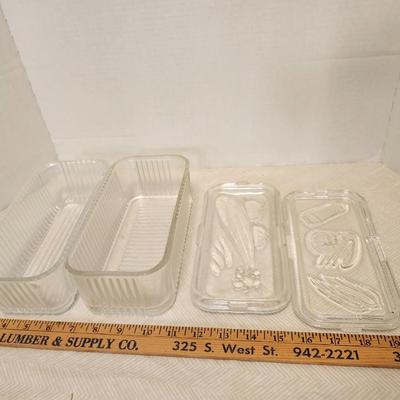 Vintage Federal Clear Glass one Square and two Rectangle Refrigerator Dish with Vegetable Embossed Lid Fridgie