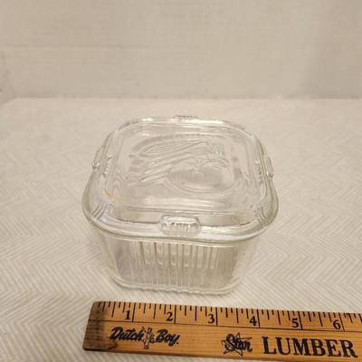 Vintage Federal Clear Glass one Square and two Rectangle Refrigerator Dish with Vegetable Embossed Lid Fridgie