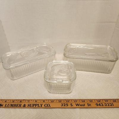 Vintage Federal Clear Glass one Square and two Rectangle Refrigerator Dish with Vegetable Embossed Lid Fridgie