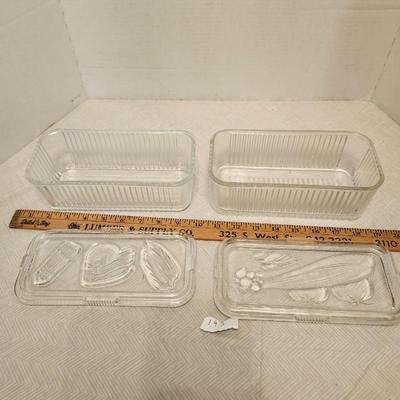 Vintage Federal Clear Glass one Square and two Rectangle Refrigerator Dish with Vegetable Embossed Lid Fridgie