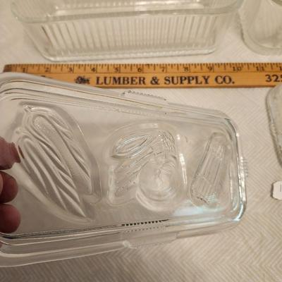 Vintage Federal Clear Glass one Square and two Rectangle Refrigerator Dish with Vegetable Embossed Lid Fridgie